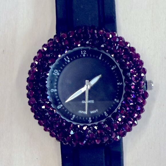 Gorgeous generic quartz watch new battery rubber band so much bling PURPLE - Picture 1 of 8